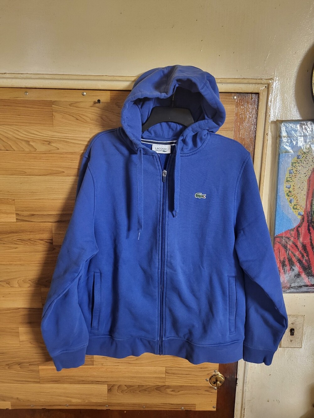 Lacoste mens Large full zip Blue hoodie hood spellout casual sporty athletic